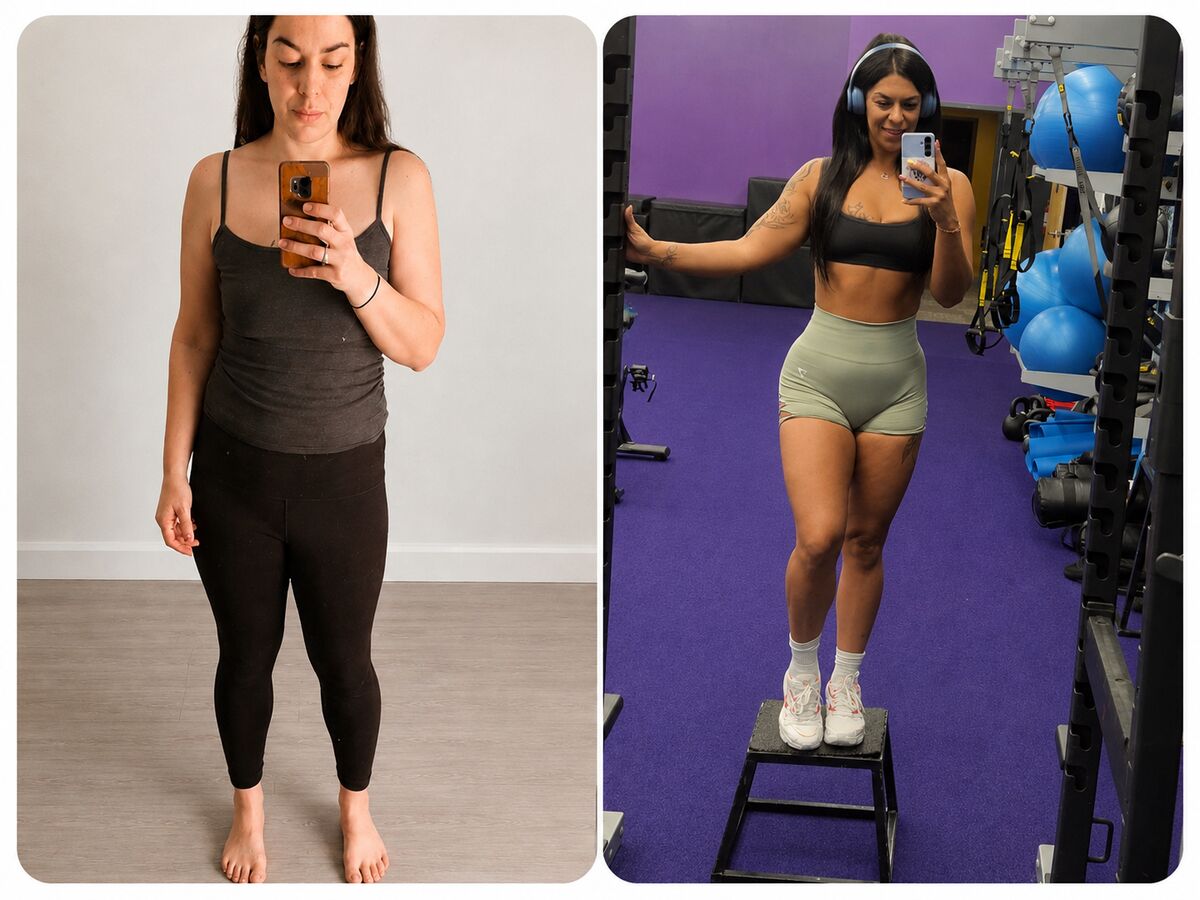 Cass before (left) and after (right), side-by-side progress photos