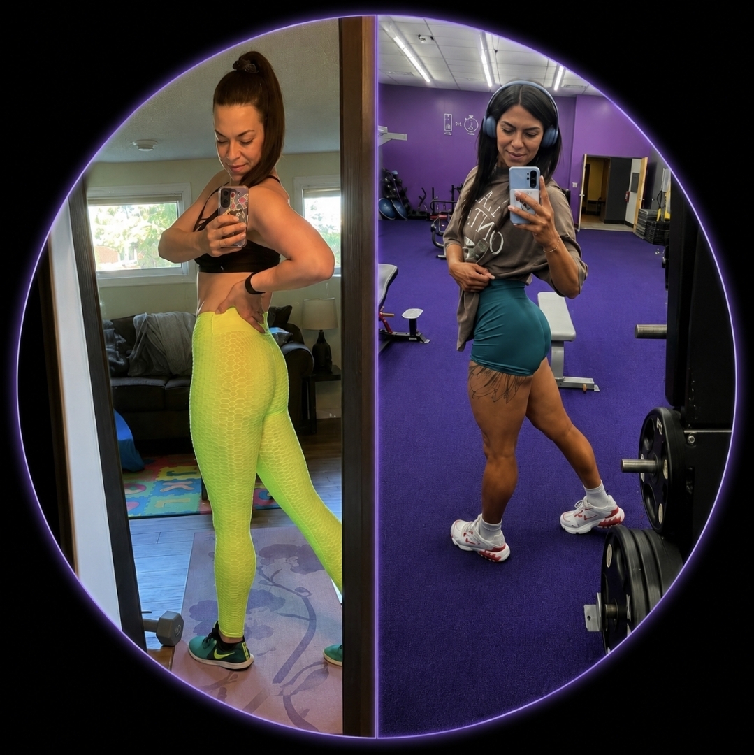 Side-by-side gym progress photos of real clients